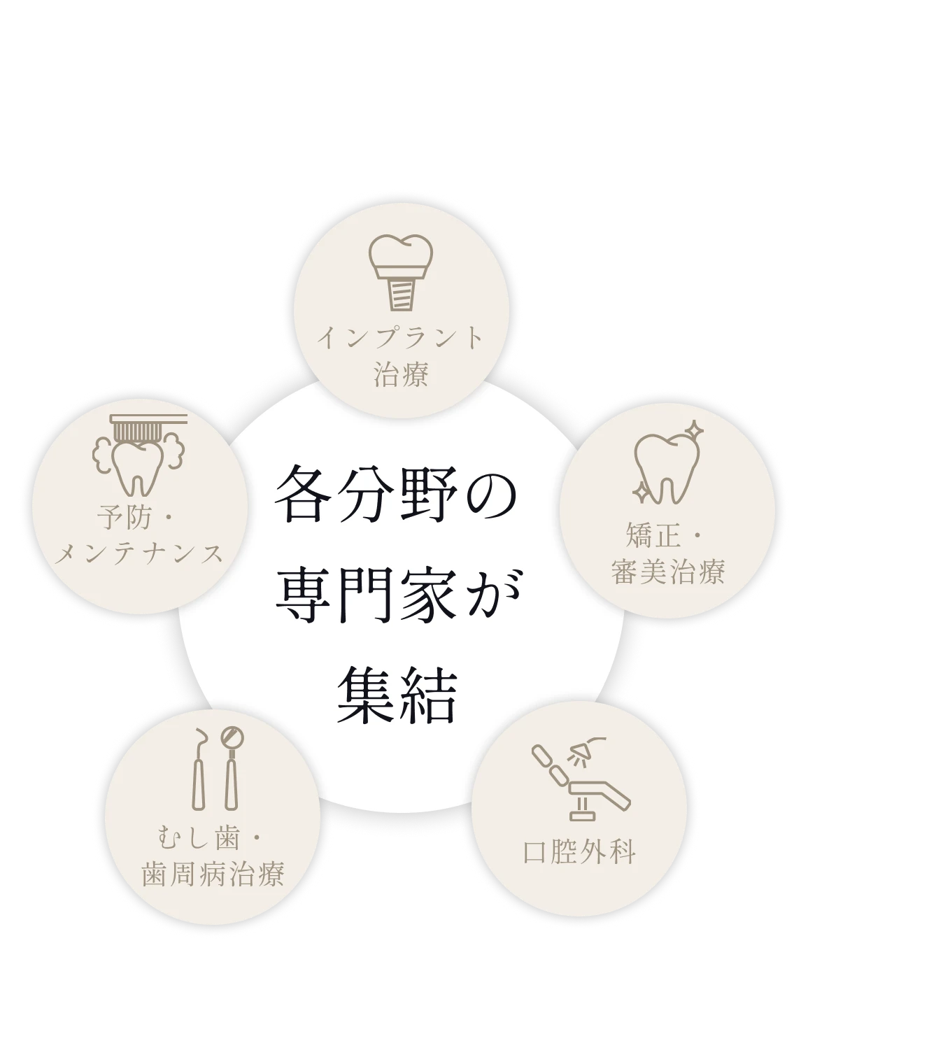 各分野の専門家が集結。予防・メンテナンス、インプラント治療、矯正・審美治療、口腔外科、むし歯・歯周病治療